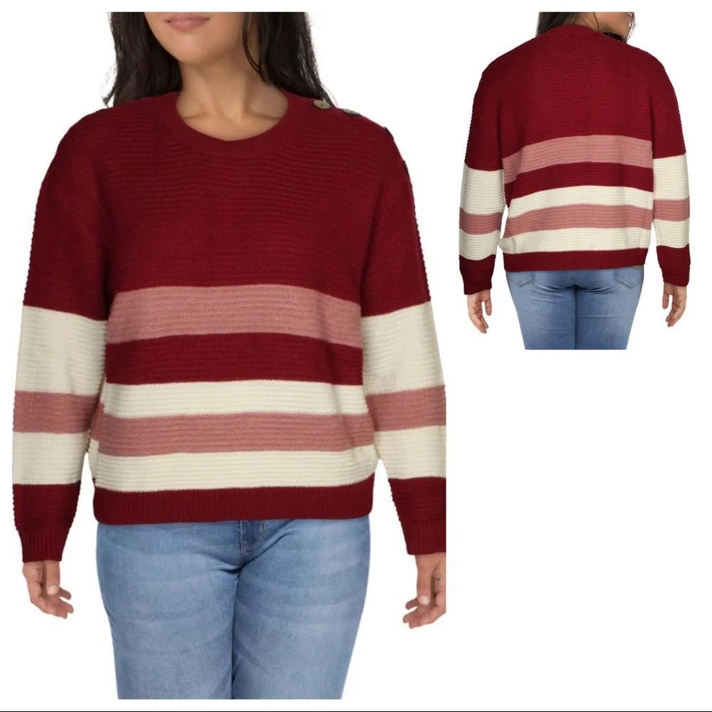 Derek Heart Women's 2X Red Striped Knit Sweater Color Block Button Shoulder NWOT
